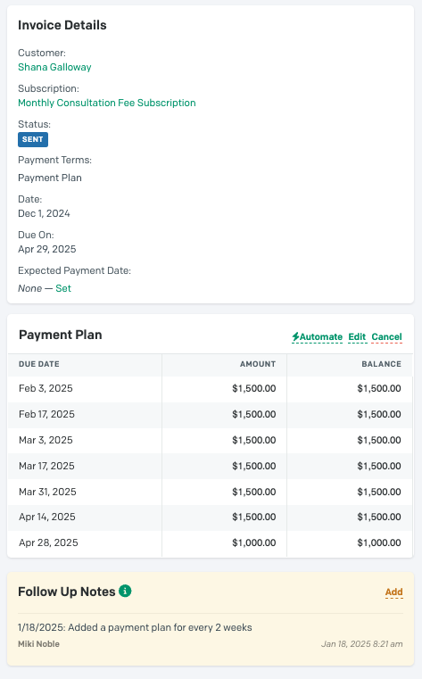 Example of customer payment plan dashboard with Invoiced AR software