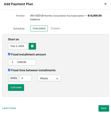 Example of adding a payment plan with Invoiced AR software 