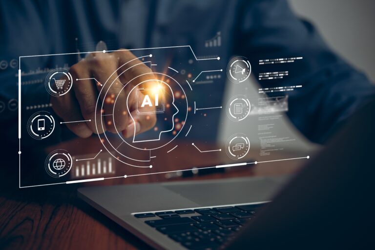 accountant's hand with a holographic for artificial intelligence