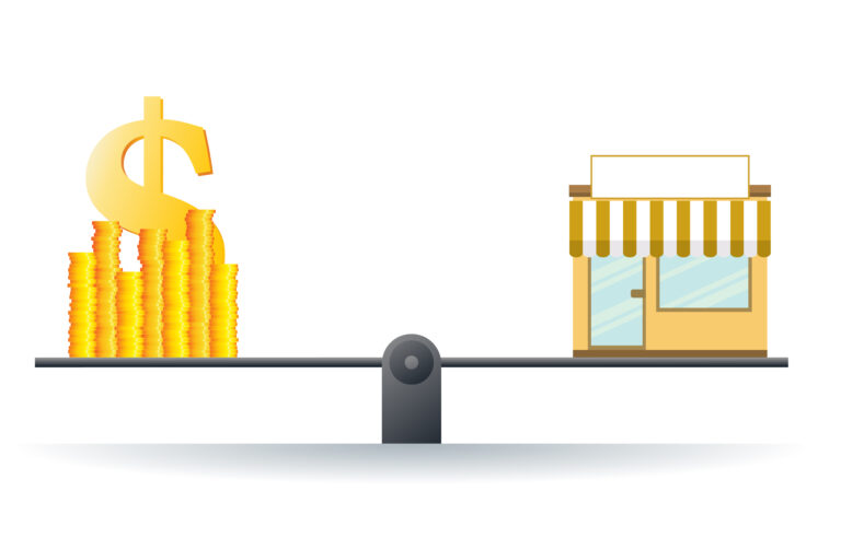 A illustration of a shop and money on a scale